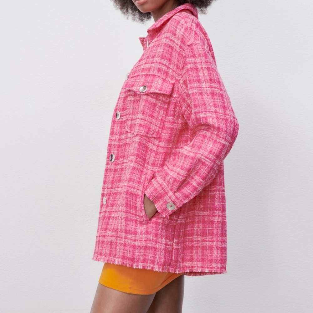 NWT Zara * Textured Plaid Overshirt Shacket Shirt Jacket Pink Tweed - Picture 4 of 7